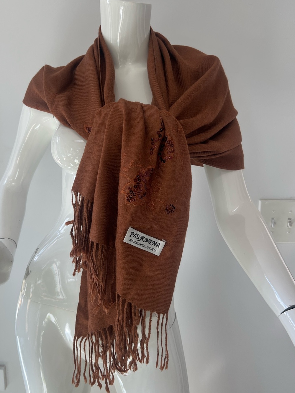 pashmina Scarf , Shawl Cashmere embroidery sequins 28”x66” rust Brown